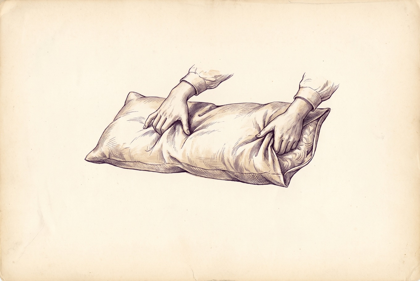 Two hands pressing the ends of a long rectangular body pillow insert inward toward its middle to fluff the fill, as suggested every few days.