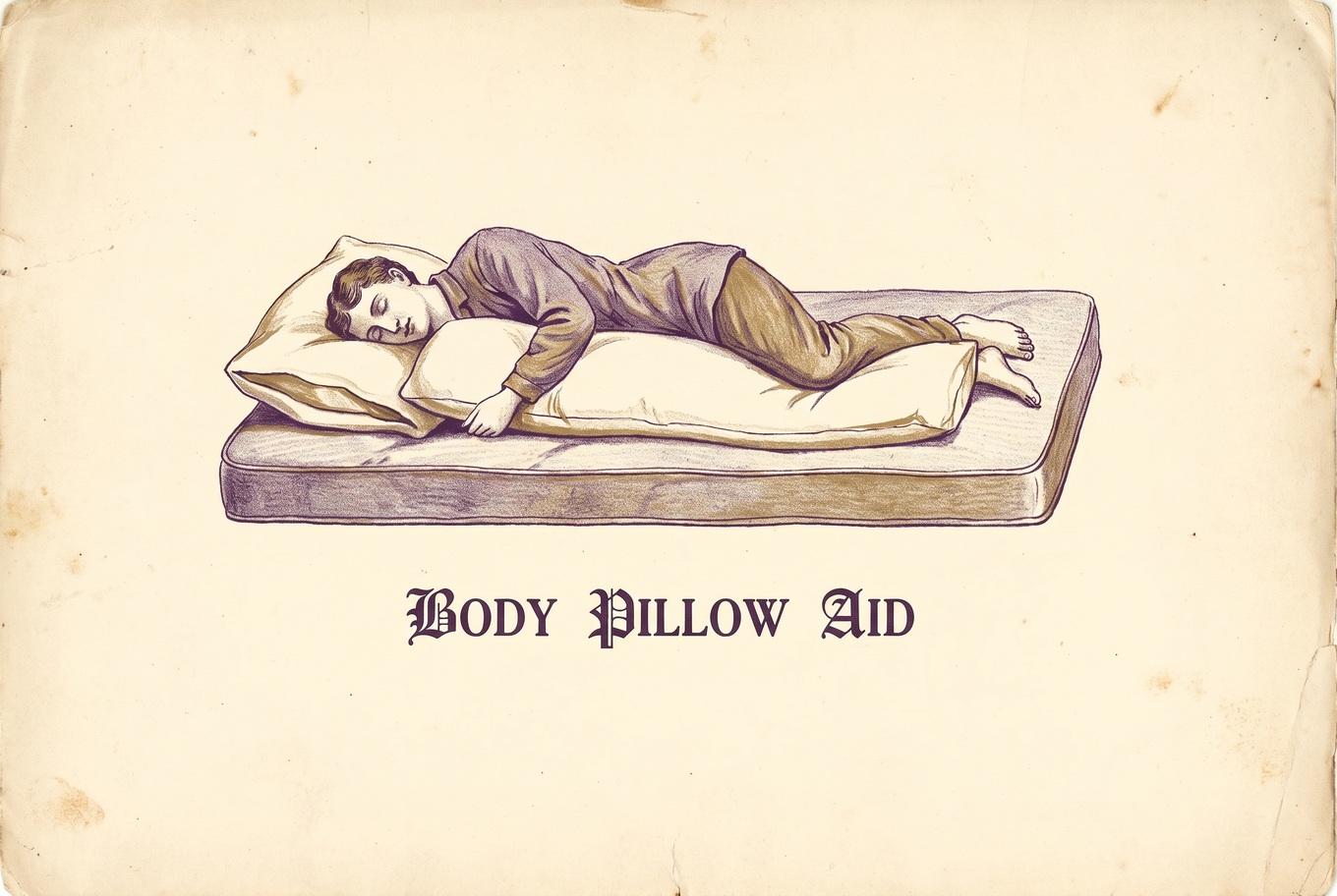 A person sleeps on their side on a bed with knees slightly bent. A long body pillow runs between the knees and ankles and up under the top arm, keeping the hips and shoulders stacked.