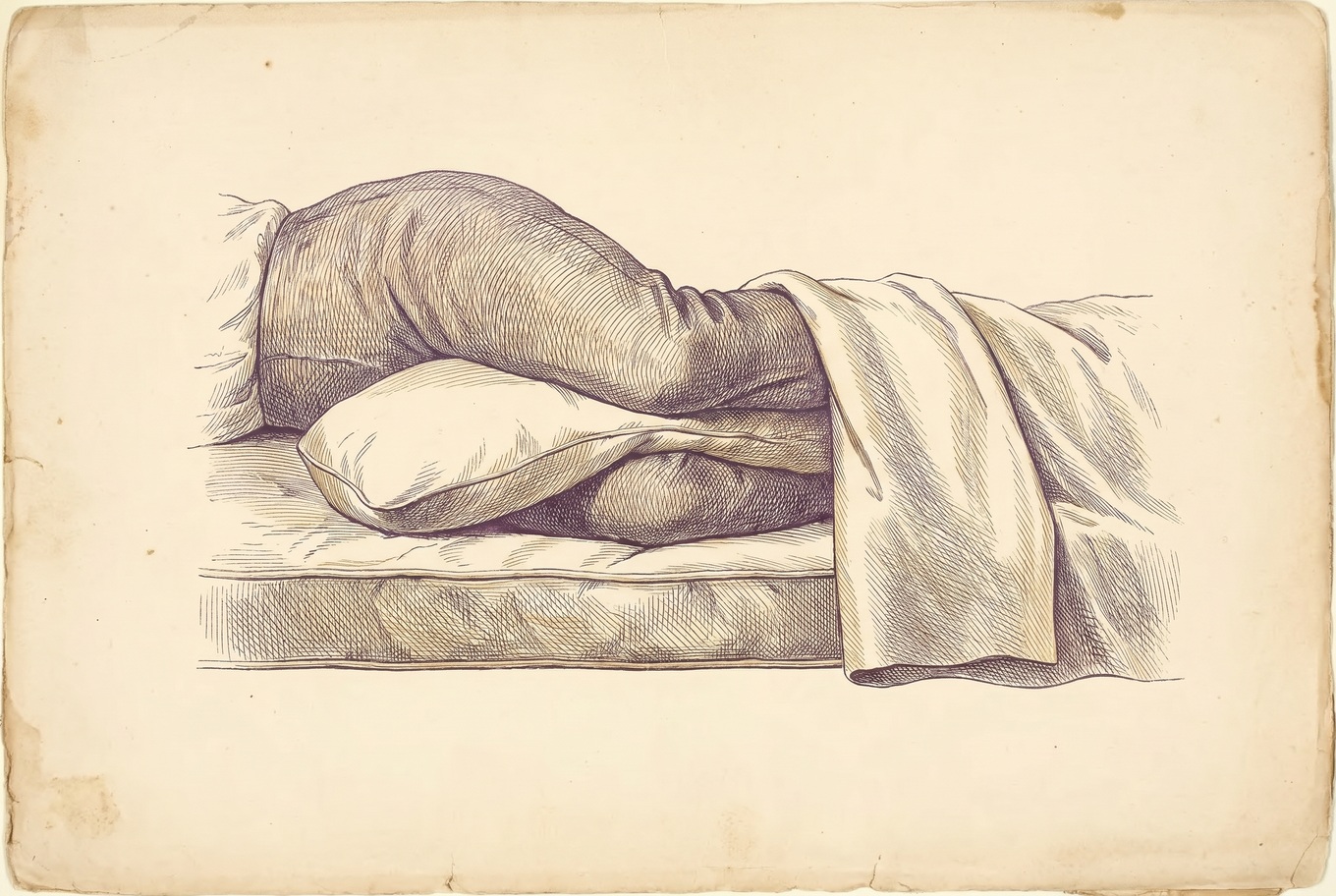 Lower body of a side sleeper on a mattress with a body pillow between the knees, knees stacked and the top thigh level with the hip, parallel to the mattress.