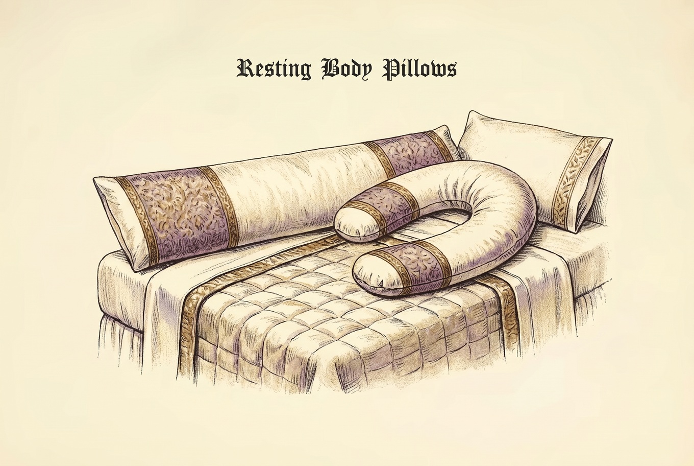 A straight body pillow, about as long as two bed pillows, lies beside a curved C-shaped pillow on a bed, with a regular bed pillow at the head for comparison.