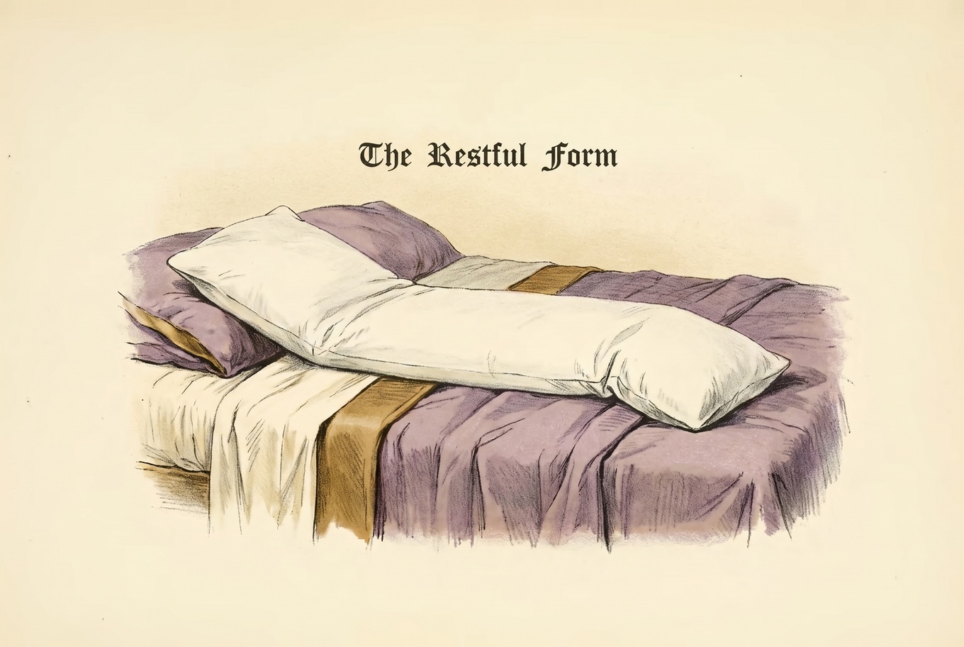 Illustration of a long white body pillow lying along one side of a bed, curving slightly at the lower end.