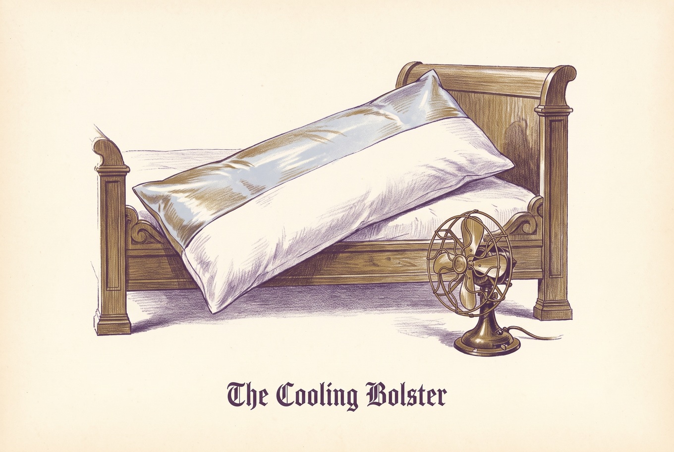Illustration of a long body pillow on a bed, half in a glossy pale blue cooling cover and half in plain white cotton, with a small fan beside the bed.