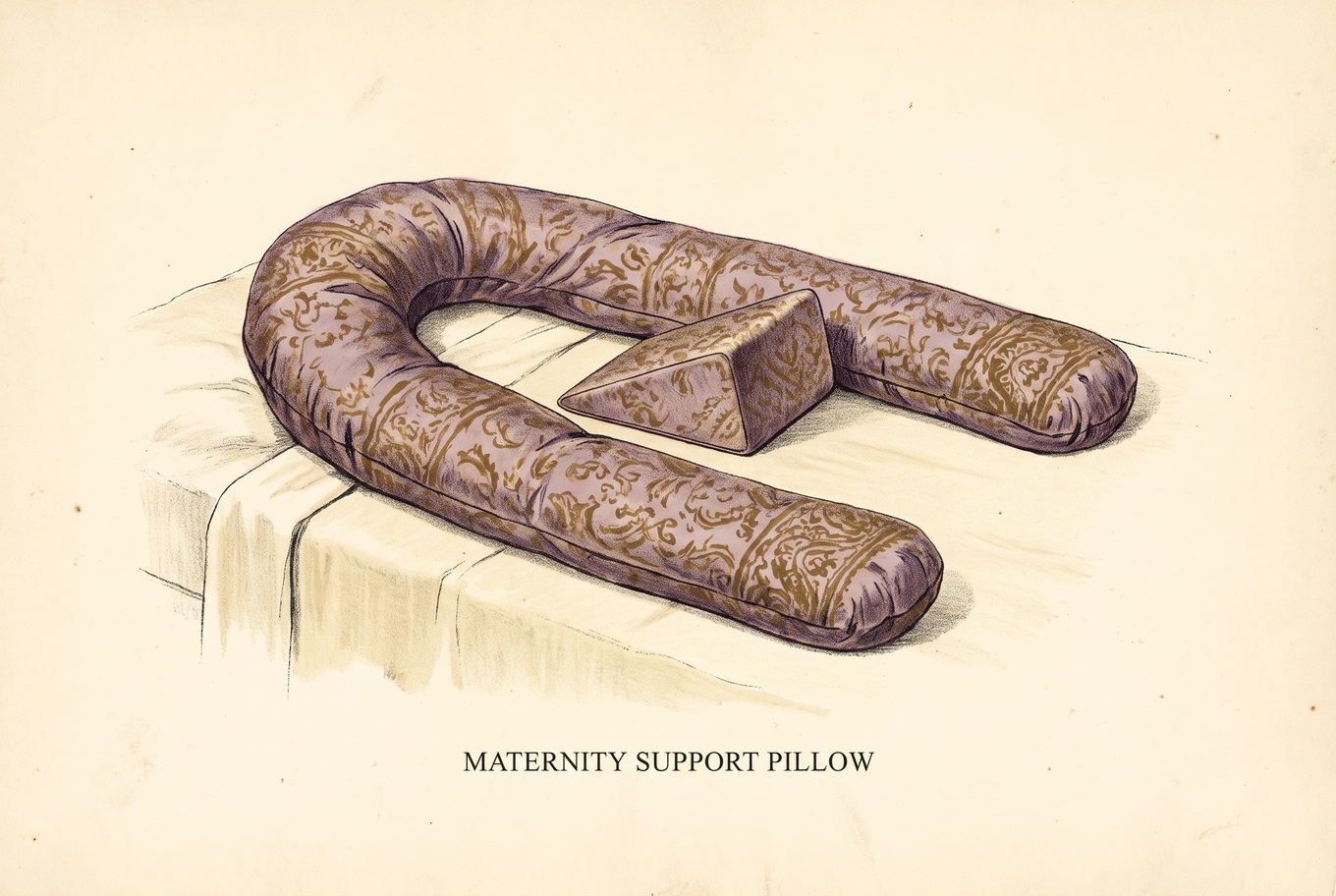 Illustration of a U-shaped pregnancy pillow lying on a bed, with a small wedge cushion inside the curve where a pregnant person's bump would rest.