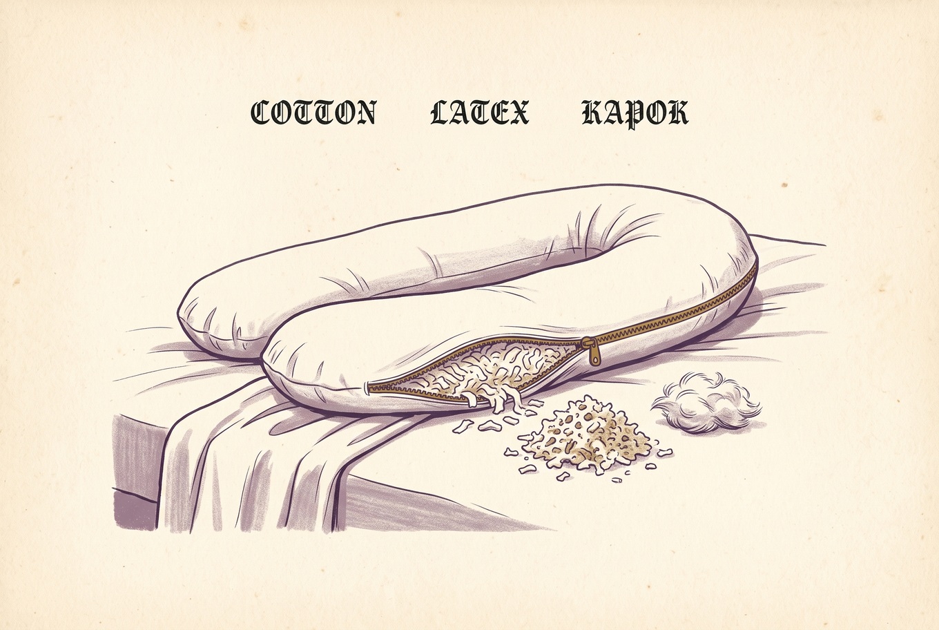 Illustration of a cotton U-shaped pregnancy pillow on a bed with its zipper partly open, showing shredded latex fill inside, next to a small heap of latex pieces and a tuft of kapok fiber.