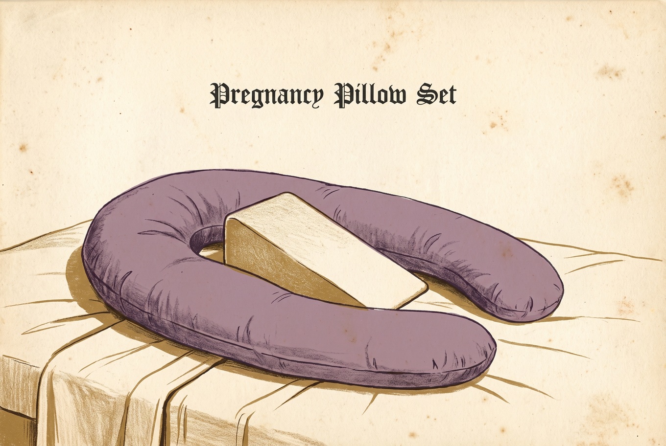 Illustration of a small, triangle-shaped foam wedge pillow resting inside the open end of a large U-shaped pregnancy pillow on a bed, showing how much smaller the wedge is than the full-length pillow.