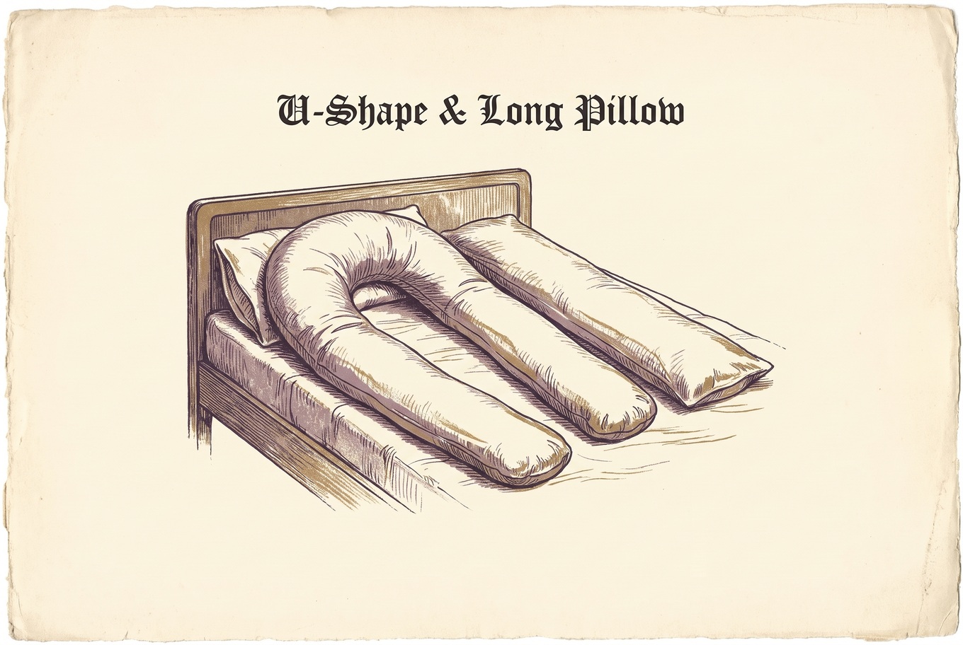 Illustration of a U-shaped body pillow on a bed, curved end at the top and two parallel arms reaching down, next to a thinner straight body pillow for comparison.