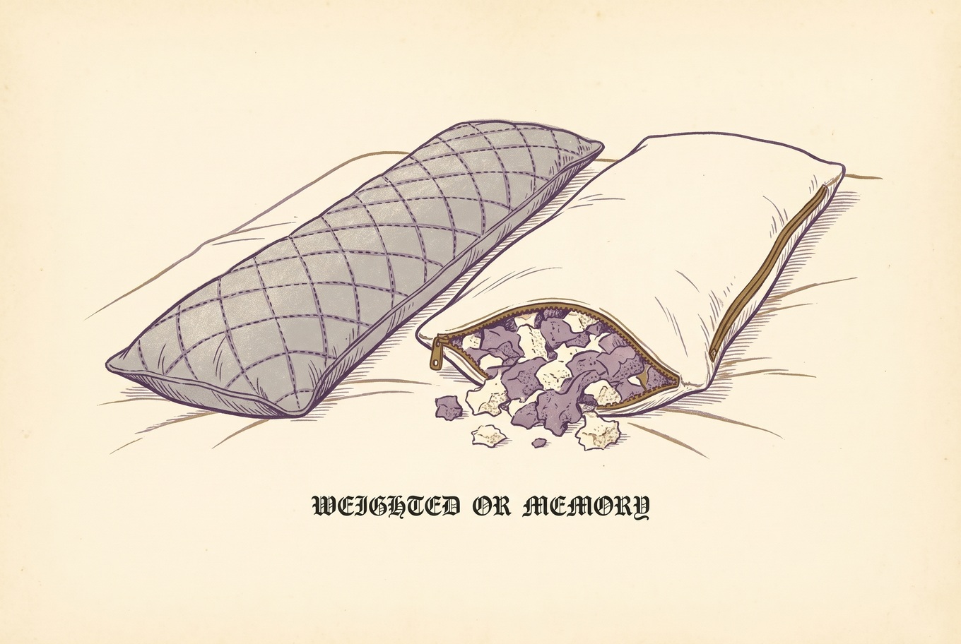 A slim gray quilted weighted body pillow lies next to a wider white memory foam body pillow. The white pillow's zipper is open at one end, and shredded foam pieces show inside.