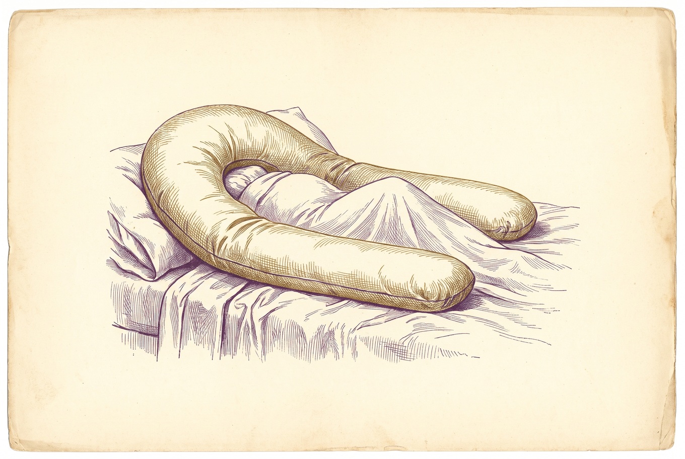 A U-shaped pregnancy pillow lying on a bed, two long parallel arms joined by a curved end, spread wide enough to cover a large part of the mattress.