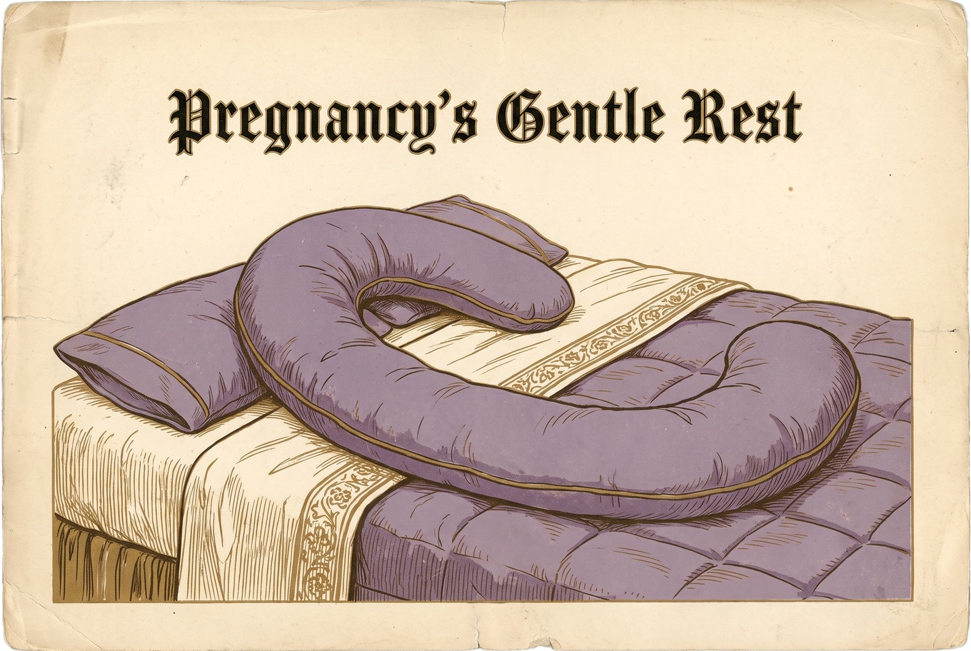A C-shaped pregnancy pillow curved along one side of a bed. Its upper hook is where the head rests and its lower end is where the knees go. A plain bed pillow beside it looks small by comparison.
